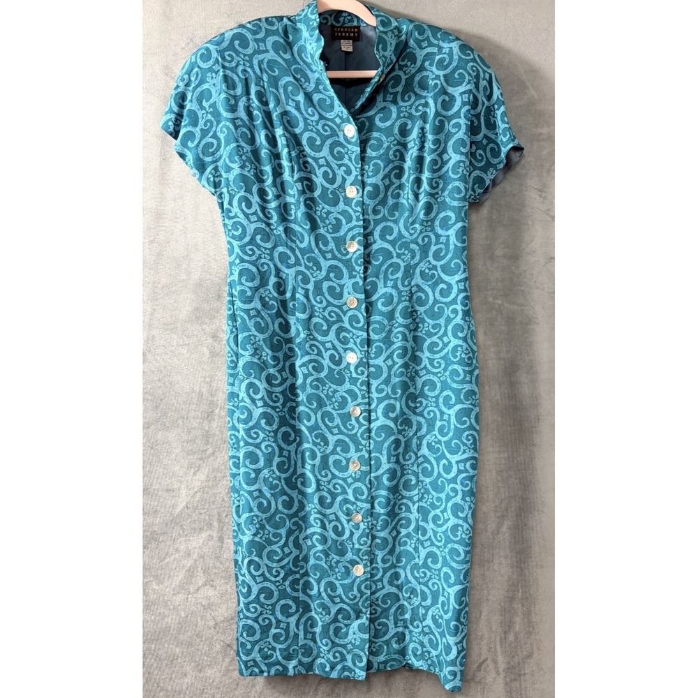 Vtg SPENSER JEREMY 100% Silk Midi Modest Dress 10 Blue Floral Mandarin Collar
